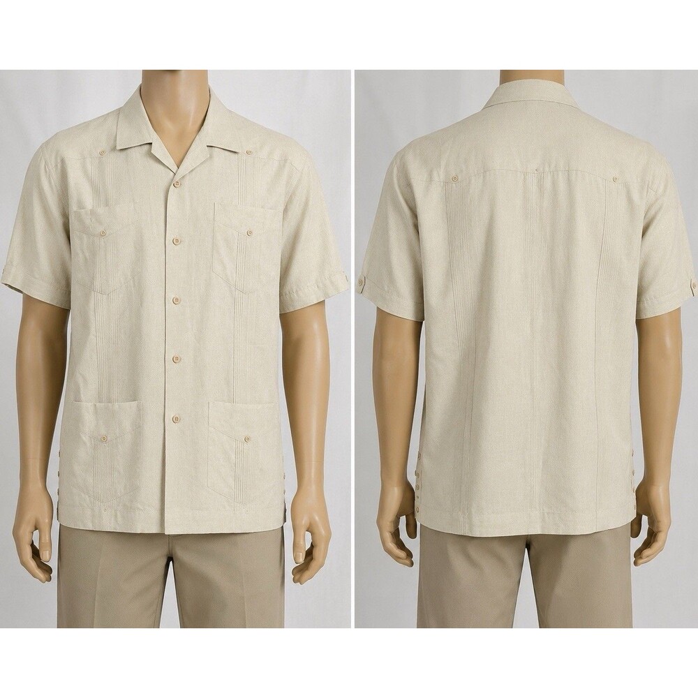 Havanera Mens L Beige 4pockets  Linen Blend Guayabera Short Sleeve Button Down